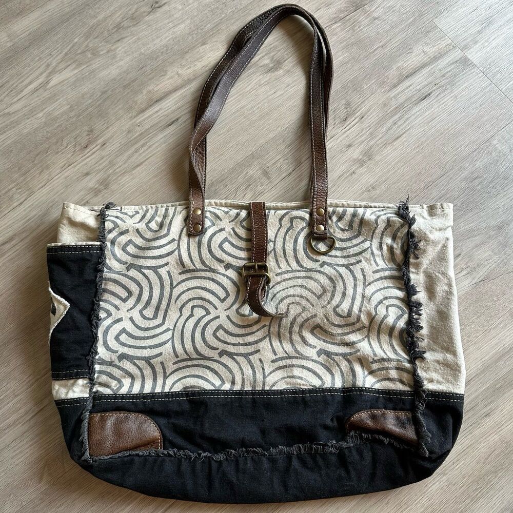 Boho Upcycled Cotton Canvas Tote Bag with Leather Accents Number 6